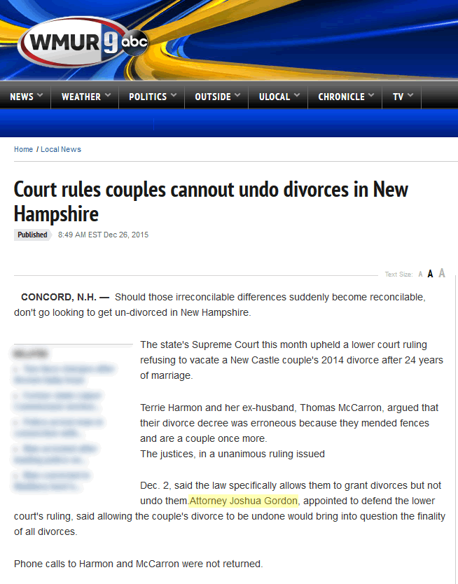 Court rules couples cannot undo divorces in New Hampshire